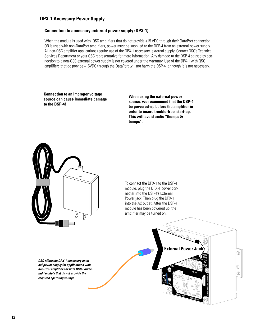 QSC Audio DSP-4 manual DPX-1 Accessory Power Supply, Connection to accessory external power supply DPX-1 