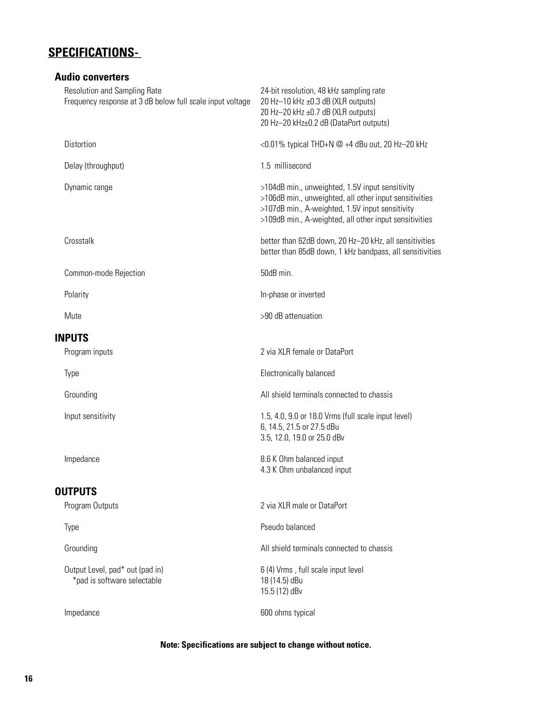 QSC Audio DSP-4 manual Specifications, Audio converters 