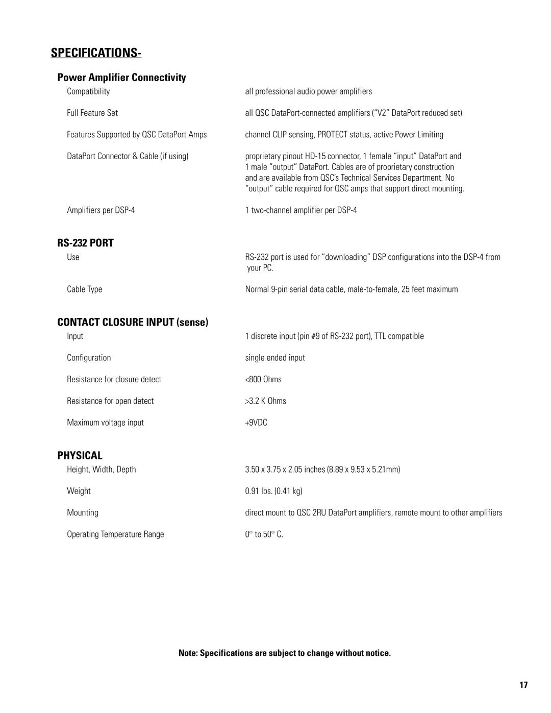 QSC Audio DSP-4 manual Power Amplifier Connectivity, Contact Closure Input sense 