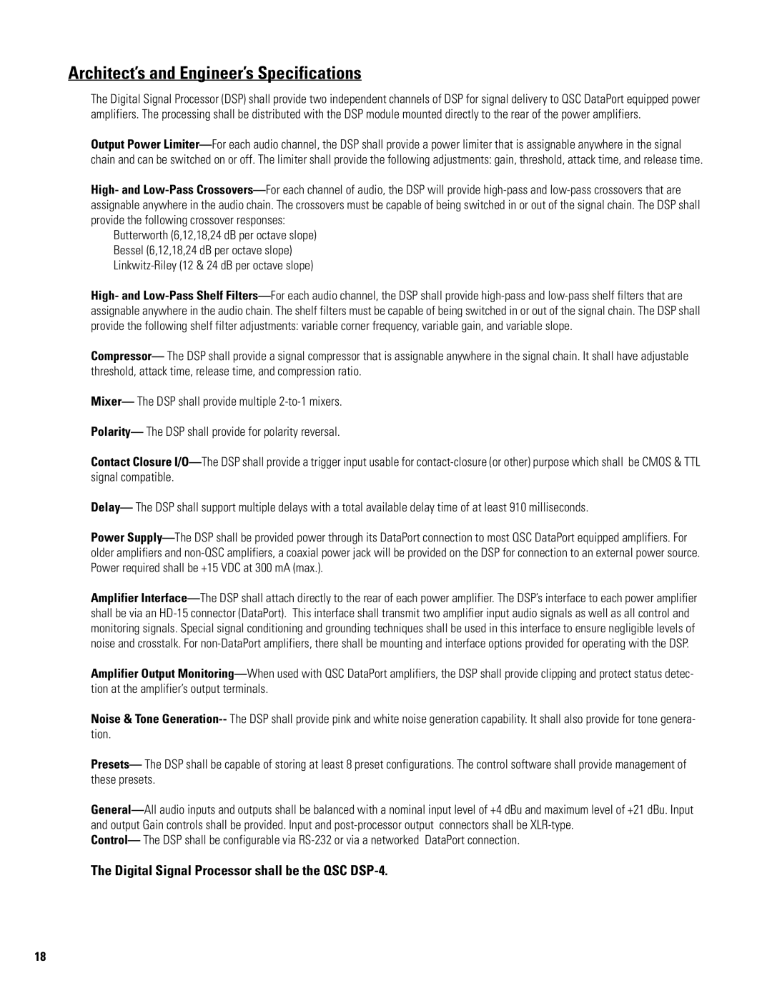 QSC Audio DSP-4 manual Architect’s and Engineer’s Specifications 