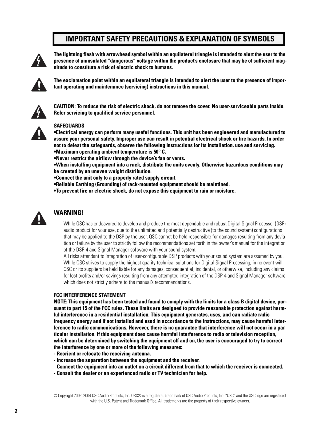 QSC Audio DSP-4 manual Important Safety Precautions & Explanation of Symbols 