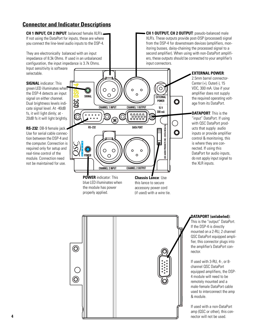 QSC Audio DSP-4 manual Connector and Indicator Descriptions, Selectable 