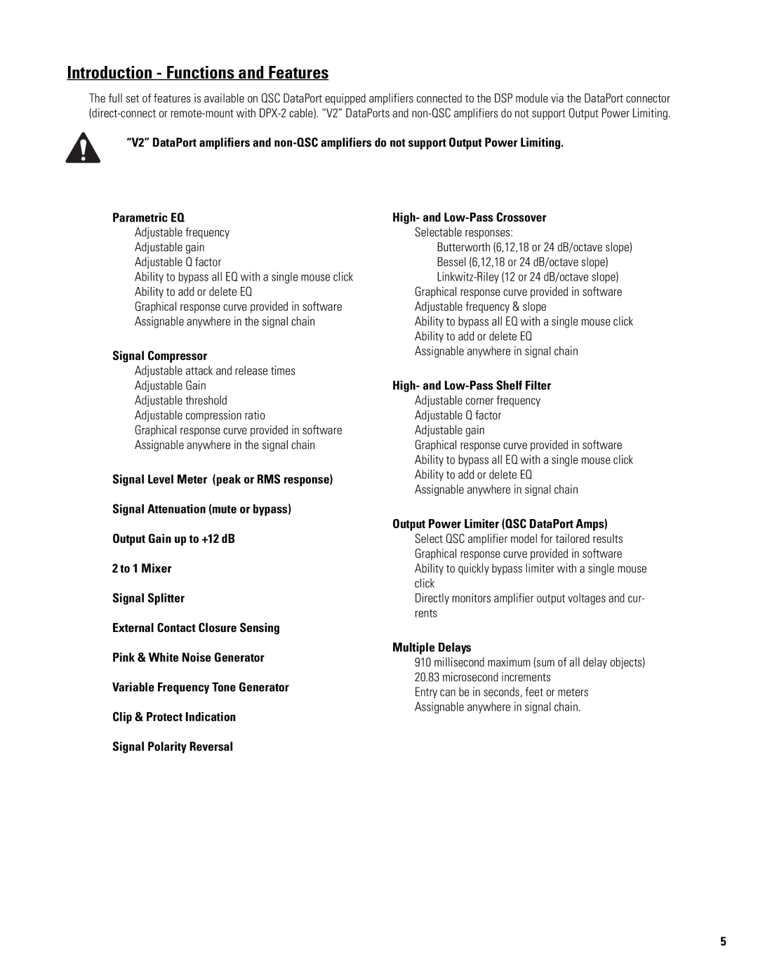 QSC Audio DSP-4 manual Introduction Functions and Features, Signal Compressor, Multiple Delays 