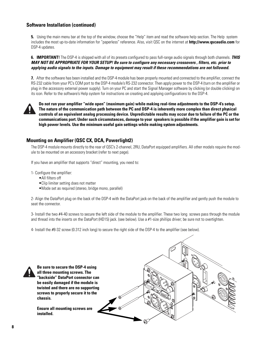 QSC Audio DSP-4 manual Mounting on Amplifier QSC CX, DCA, Powerlight2, Ensure all mounting screws are installed 