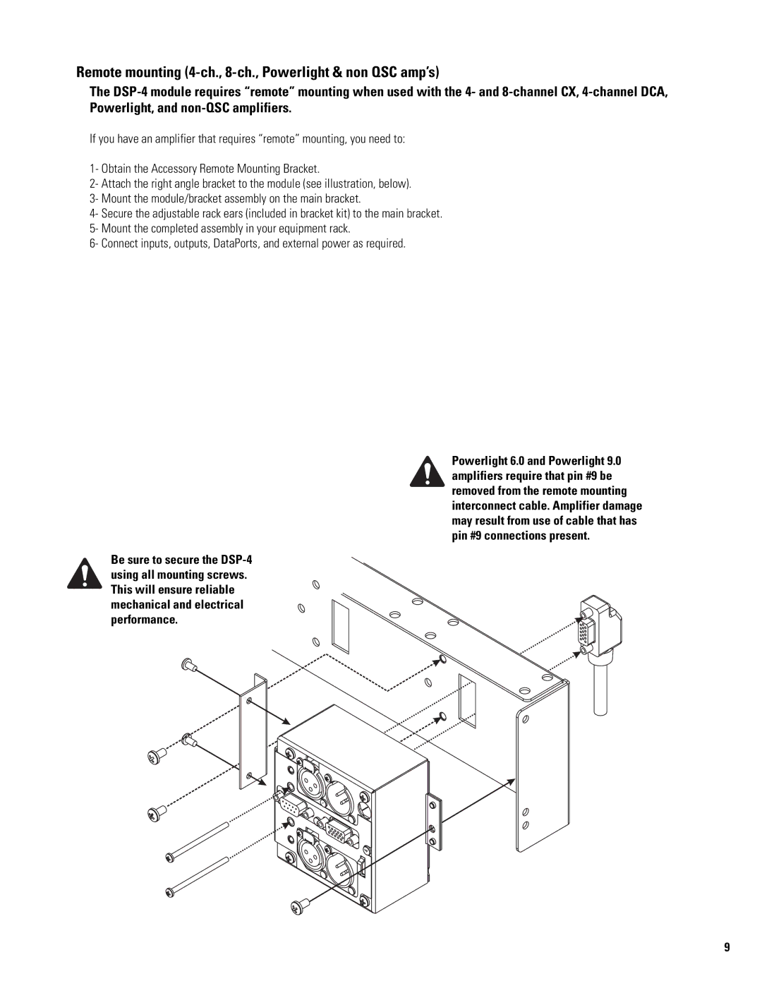 QSC Audio DSP-4 manual Remote mounting 4-ch., 8-ch., Powerlight & non QSC amp’s 