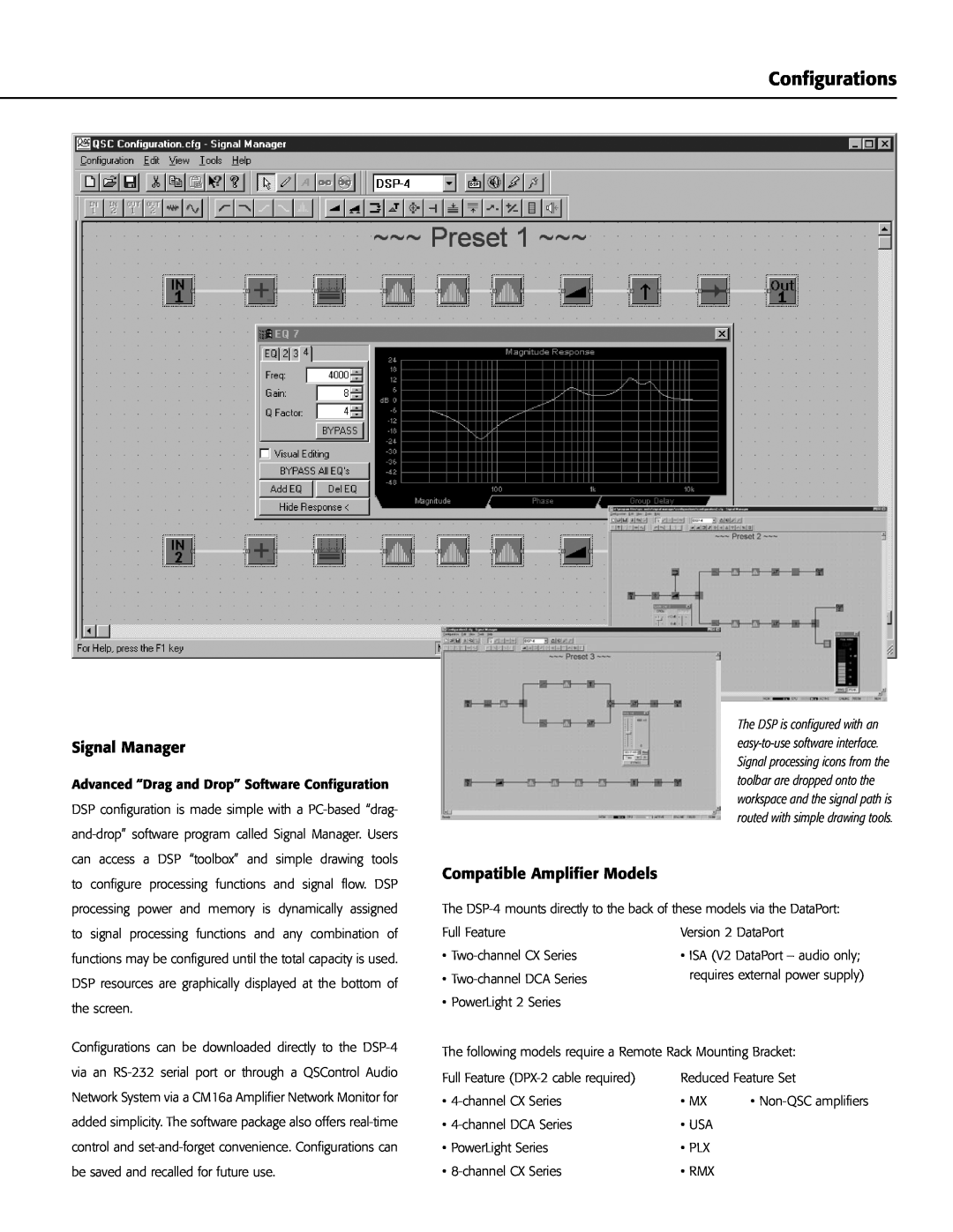 QSC Audio DSP-4 manual Configurations, Signal Manager, Compatible Amplifier Models 