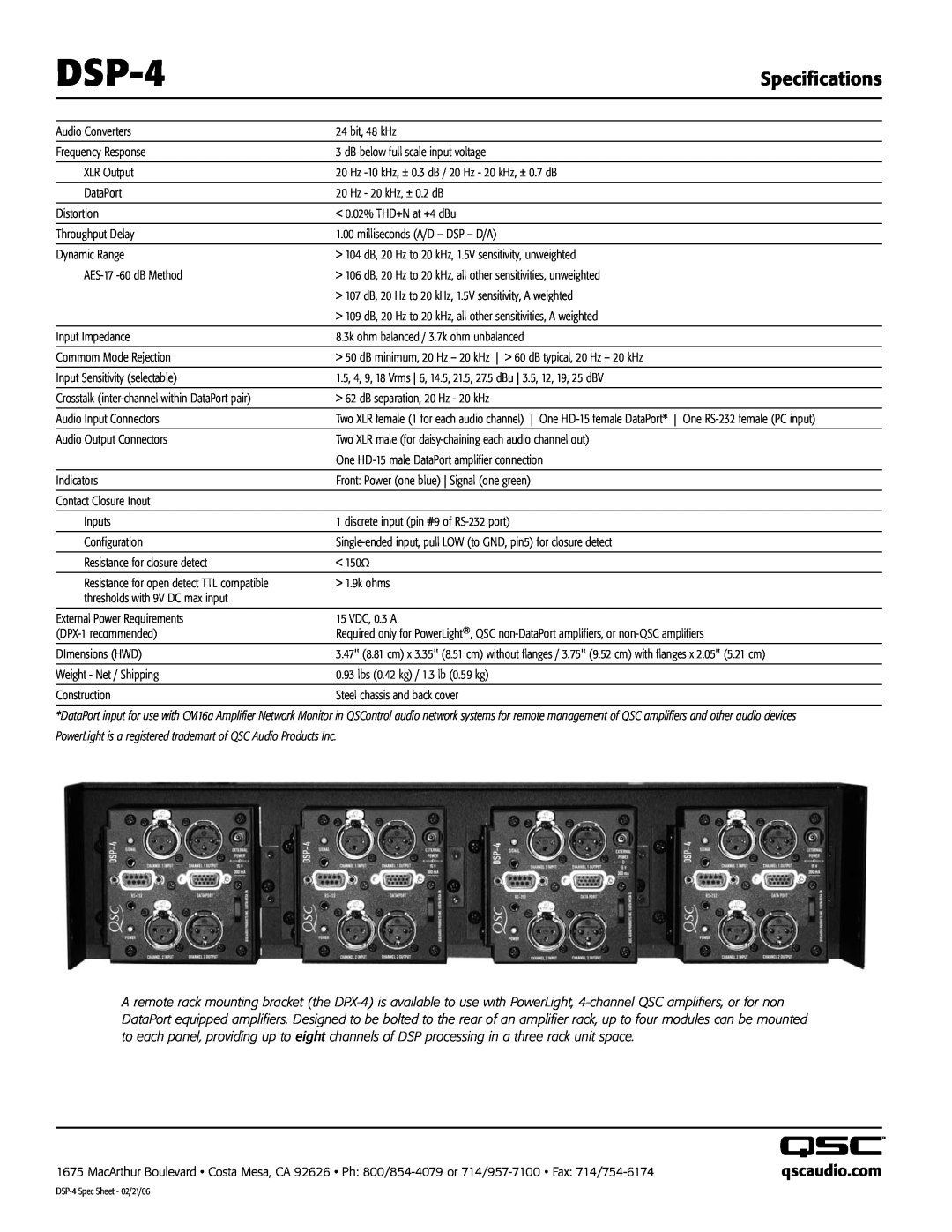 QSC Audio DSP-4 manual Specifications, qscaudio.com 