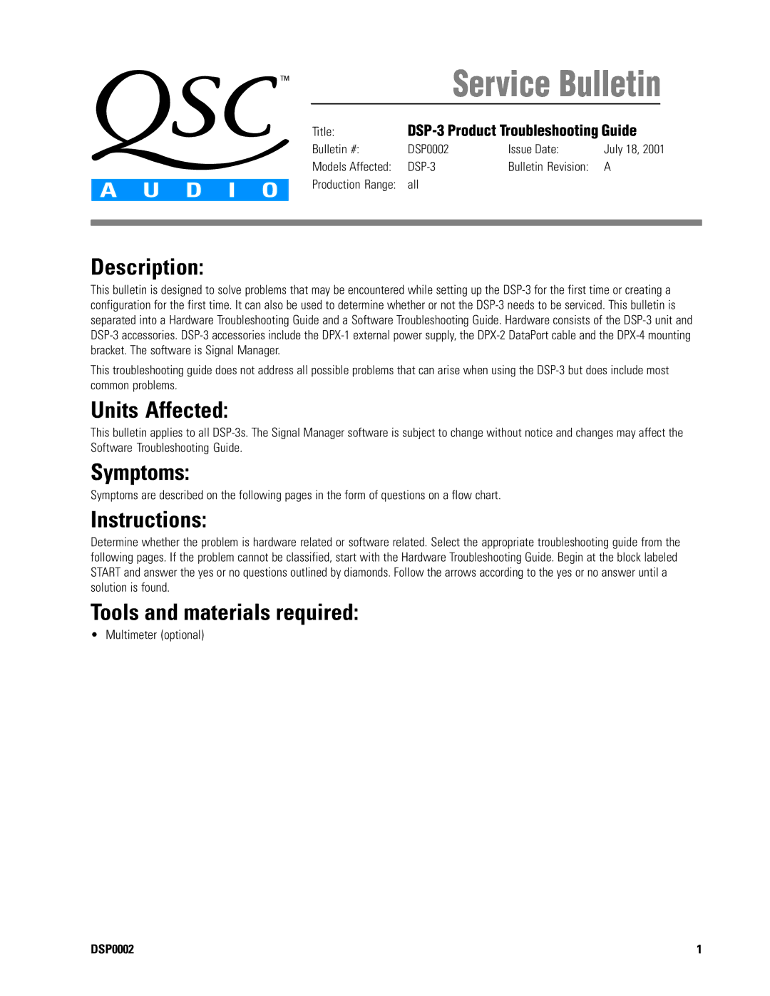 QSC Audio DSP0002 manual Service Bulletin, TitleDSP-3 Product Troubleshooting Guide 