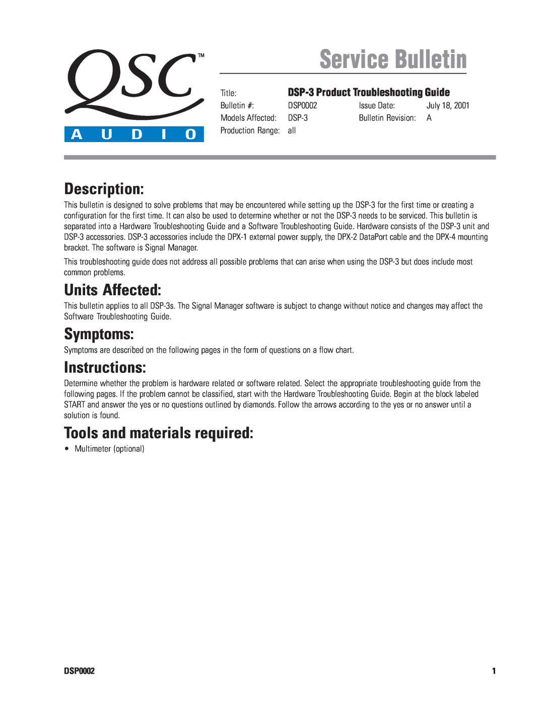 QSC Audio DSP0002 manual Title DSP-3 Product Troubleshooting Guide, Service Bulletin, Description, Units Affected 
