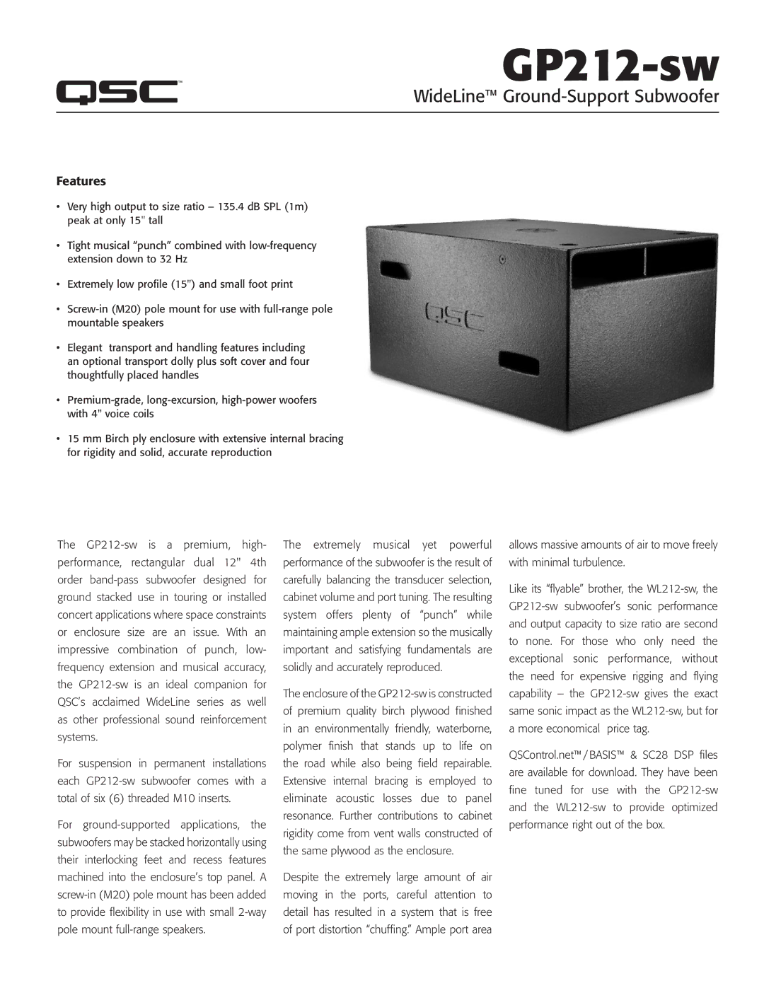 QSC Audio GP212-sw manual WideLine Ground-Support Subwoofer, Features 