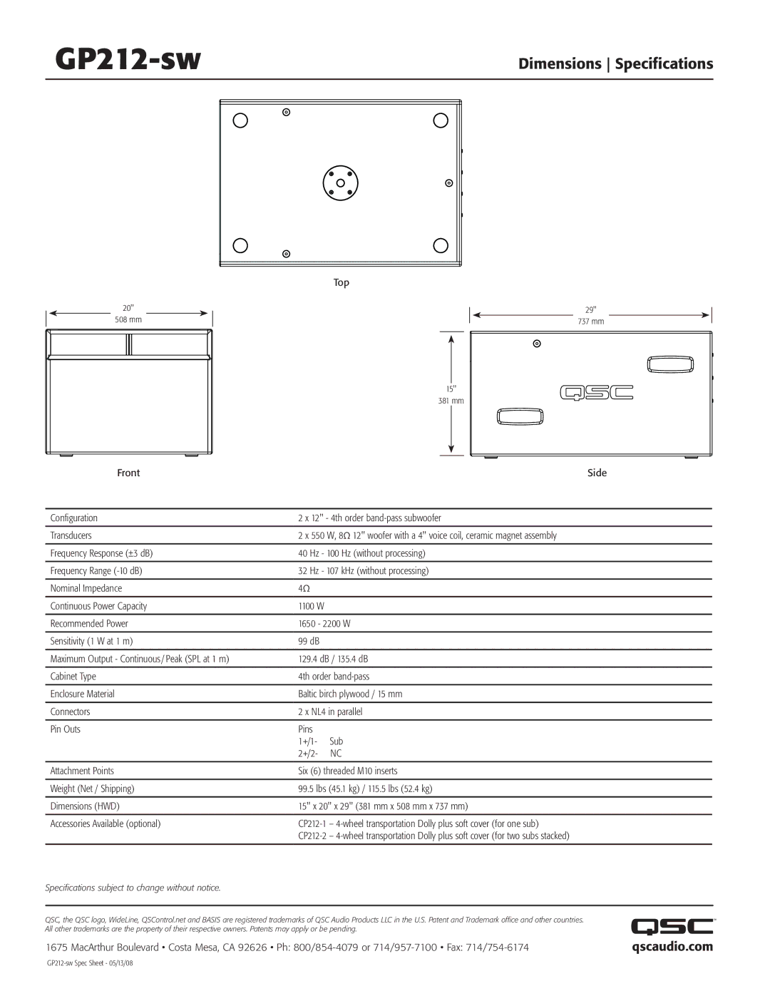 QSC Audio GP212-sw manual Dimensions Specifications, Qscaudio.com, Specifications subject to change without notice 