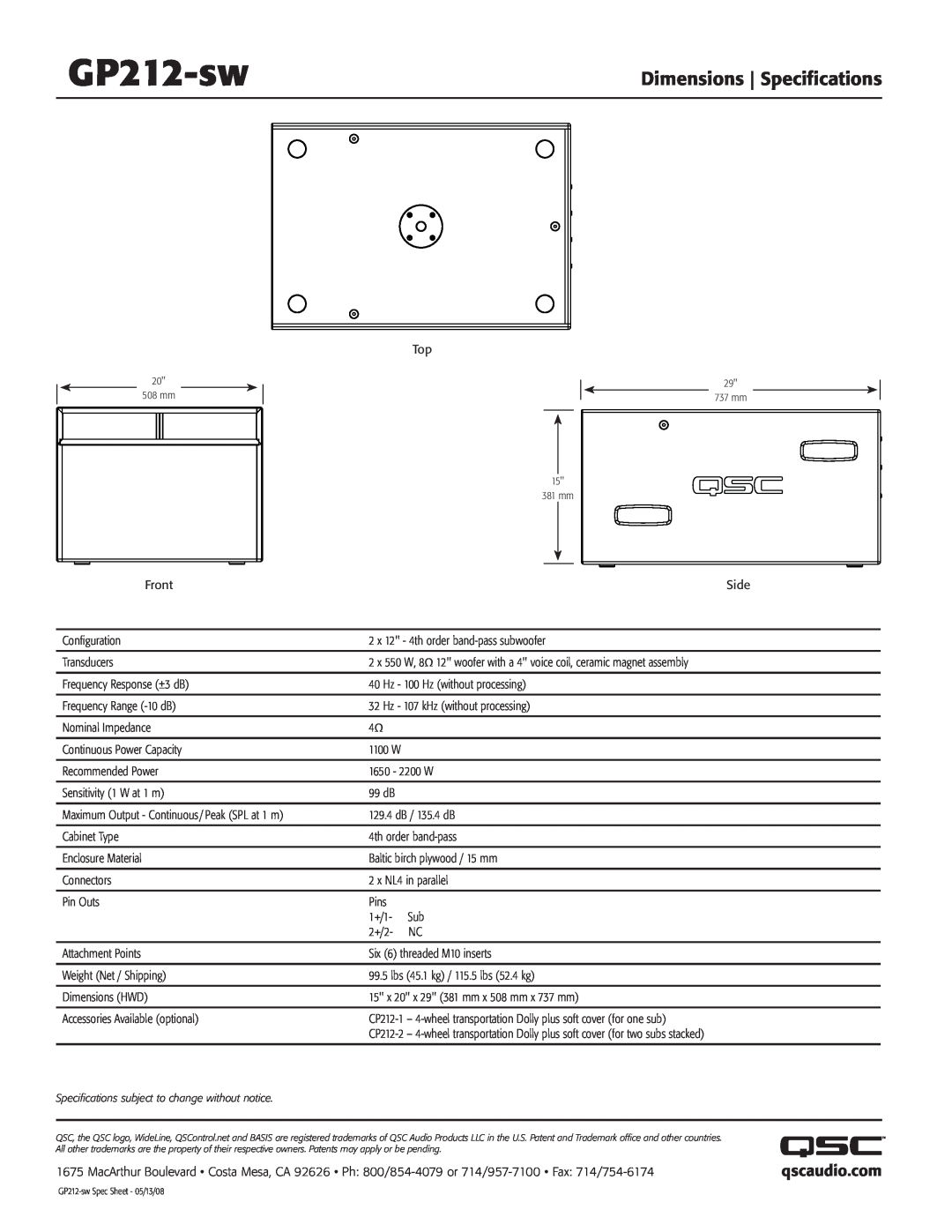 QSC Audio GP212-sw manual Dimensions Specifications 