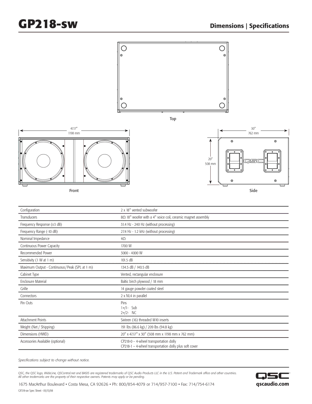 QSC Audio GP218-sw manual Dimensions Specifications, Qscaudio.com, Specifications subject to change without notice 