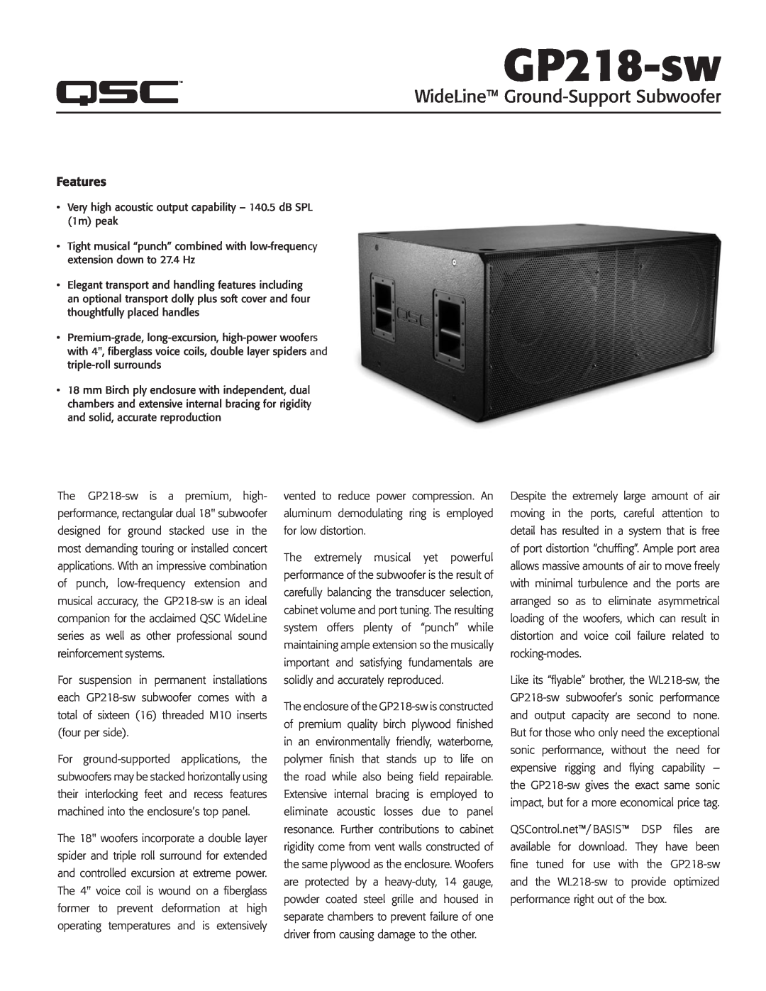 QSC Audio GP218-sw manual Features, WideLine Ground-SupportSubwoofer 