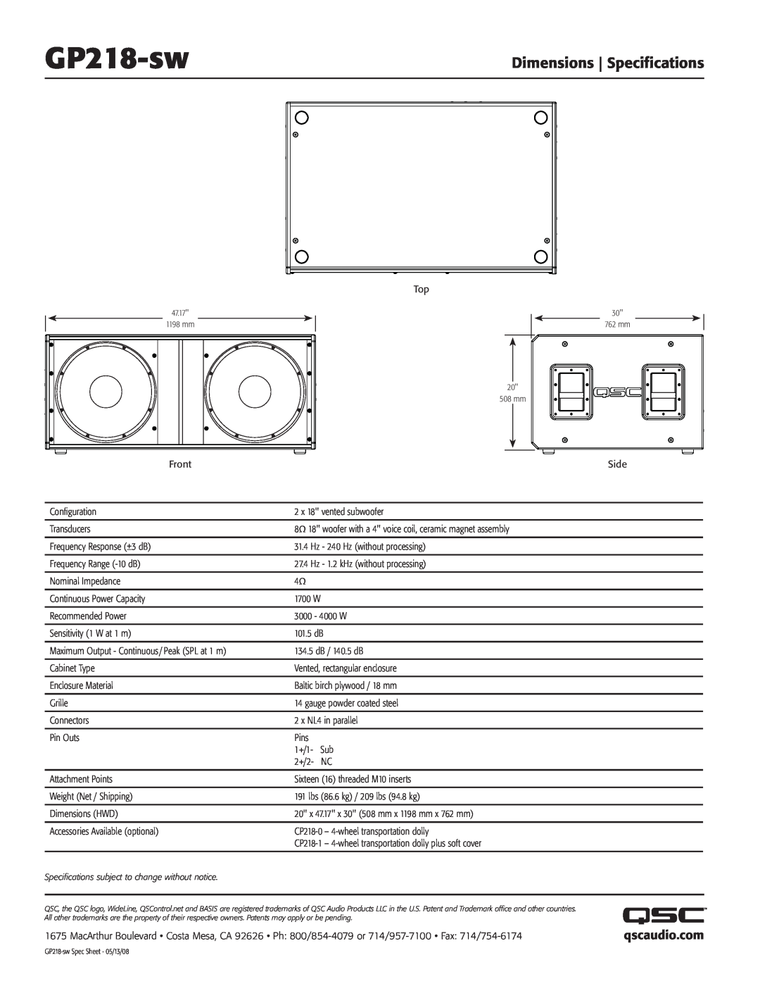 QSC Audio GP218-sw manual Dimensions Specifications 