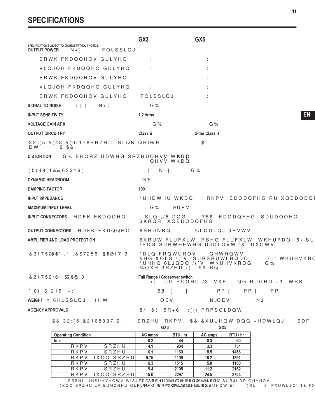 QSC Audio GX3 300, GX5 500 user manual Specifications, GX3GX5 