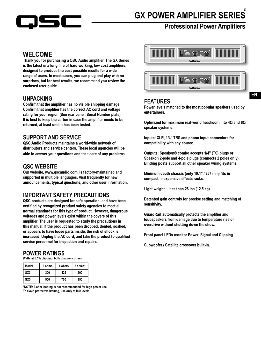 QSC Audio GX3 300, GX5 500 user manual Welcome, Unpacking 