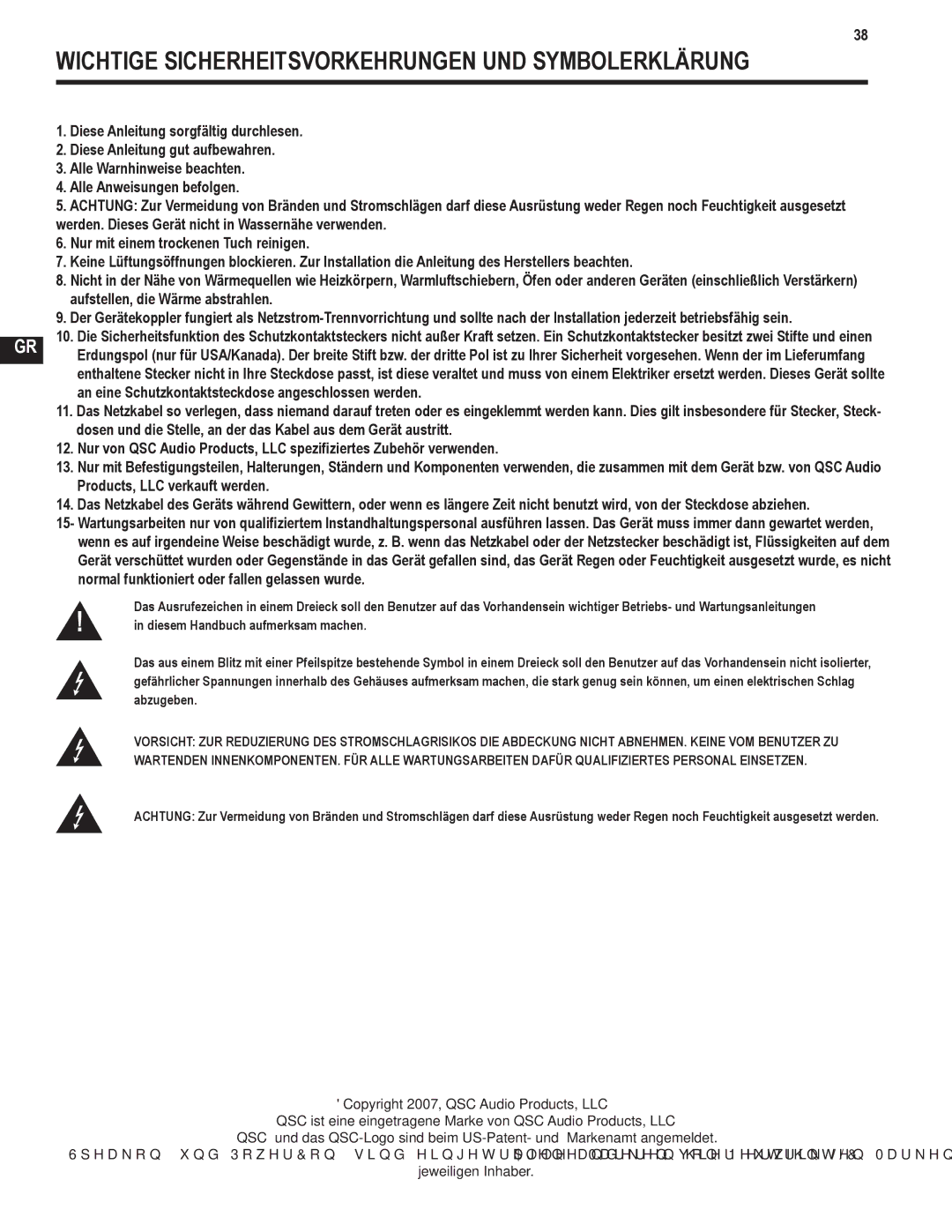 QSC Audio GX5 500 Wichtige Sicherheitsvorkehrungen UND Symbolerklärung, Normal funktioniert oder fallen gelassen wurde 