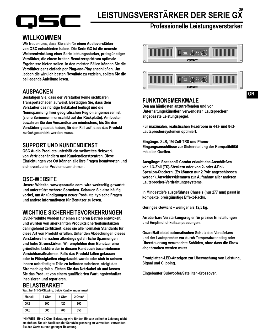 QSC Audio GX3 300, GX5 500 user manual Leistungsverstärker DER Serie GX, Willkommen 