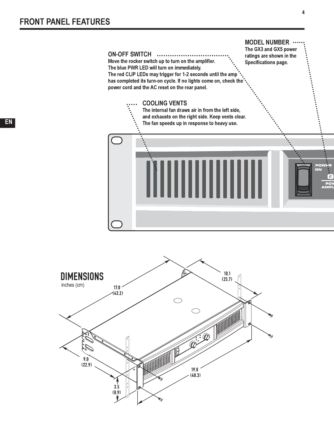 QSC Audio GX5 500, GX3 300 user manual Front Panel Features, ON-OFF Switch, Model Number, Cooling Vents 