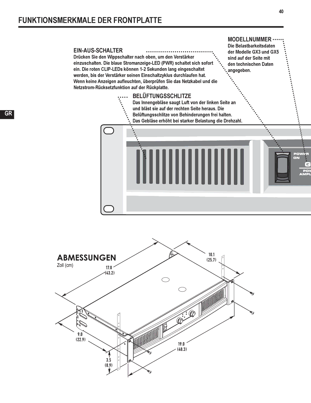 QSC Audio GX5 500, GX3 300 user manual Funktionsmerkmale DER Frontplatte, Ein-Aus-Schalter, Modellnummer, Belüftungsschlitze 