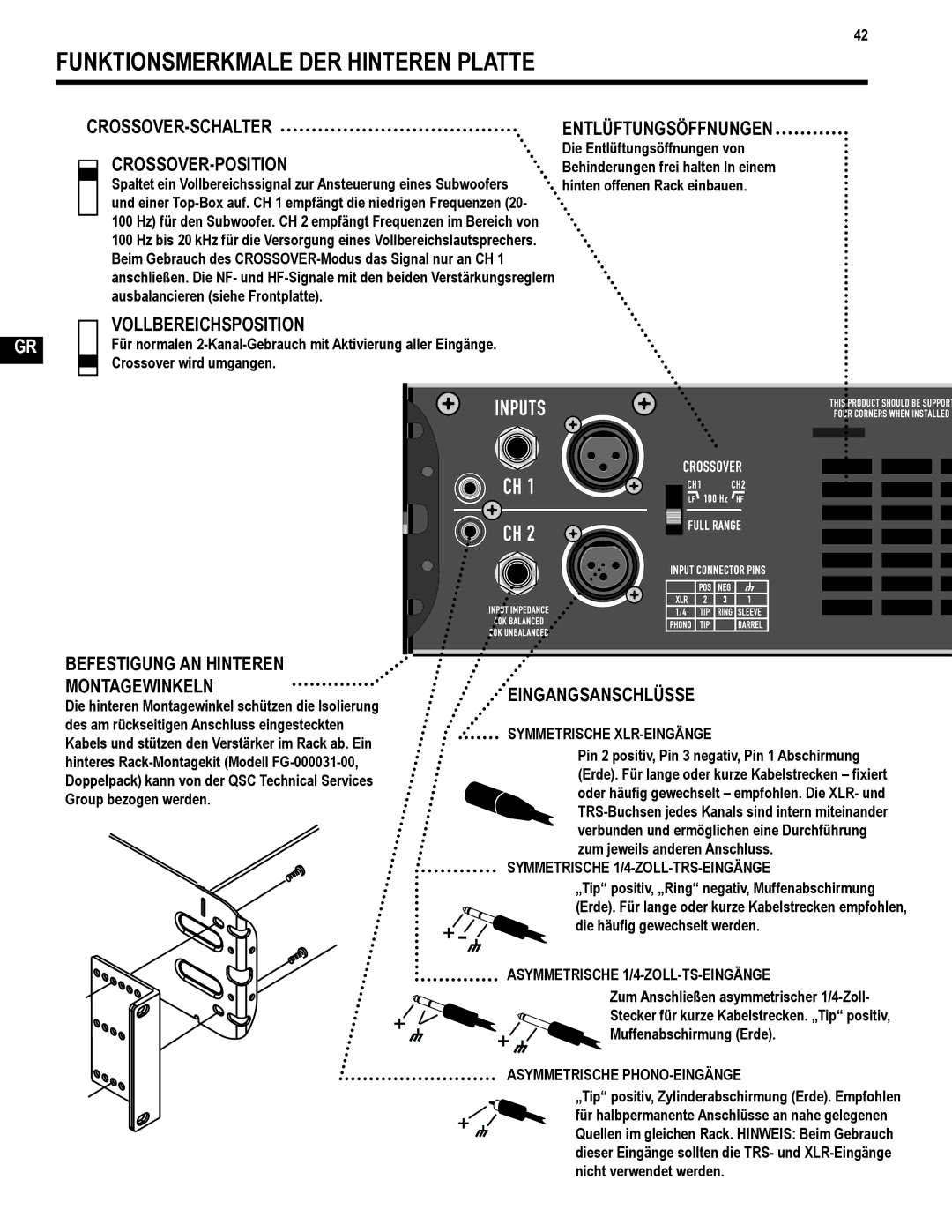 QSC Audio GX5 500, GX3 300 user manual Funktionsmerkmale DER Hinteren Platte 