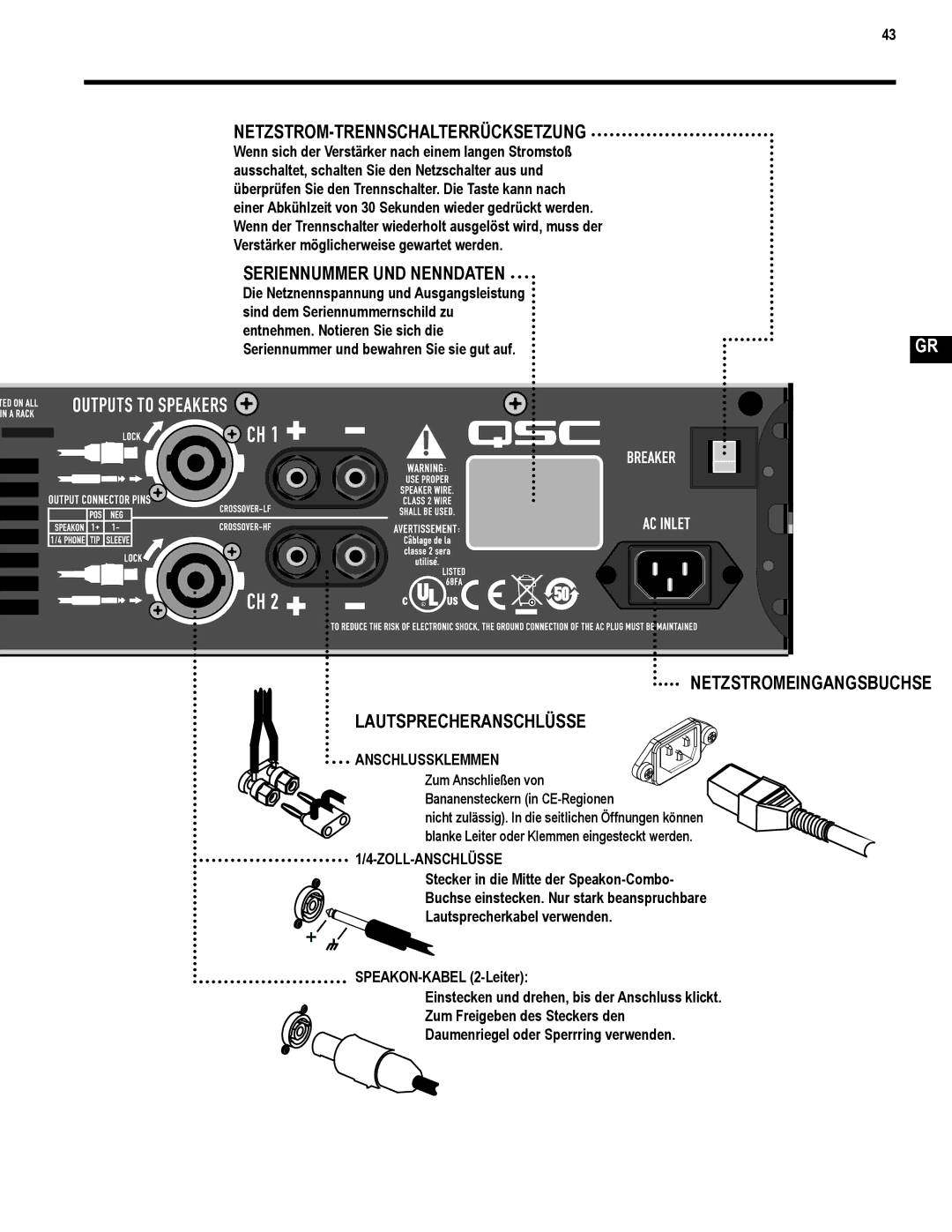 QSC Audio GX3 300, GX5 500 Netzstrom-Trennschalterrücksetzung, Seriennummer UND Nenndaten, Netzstromeingangsbuchse 