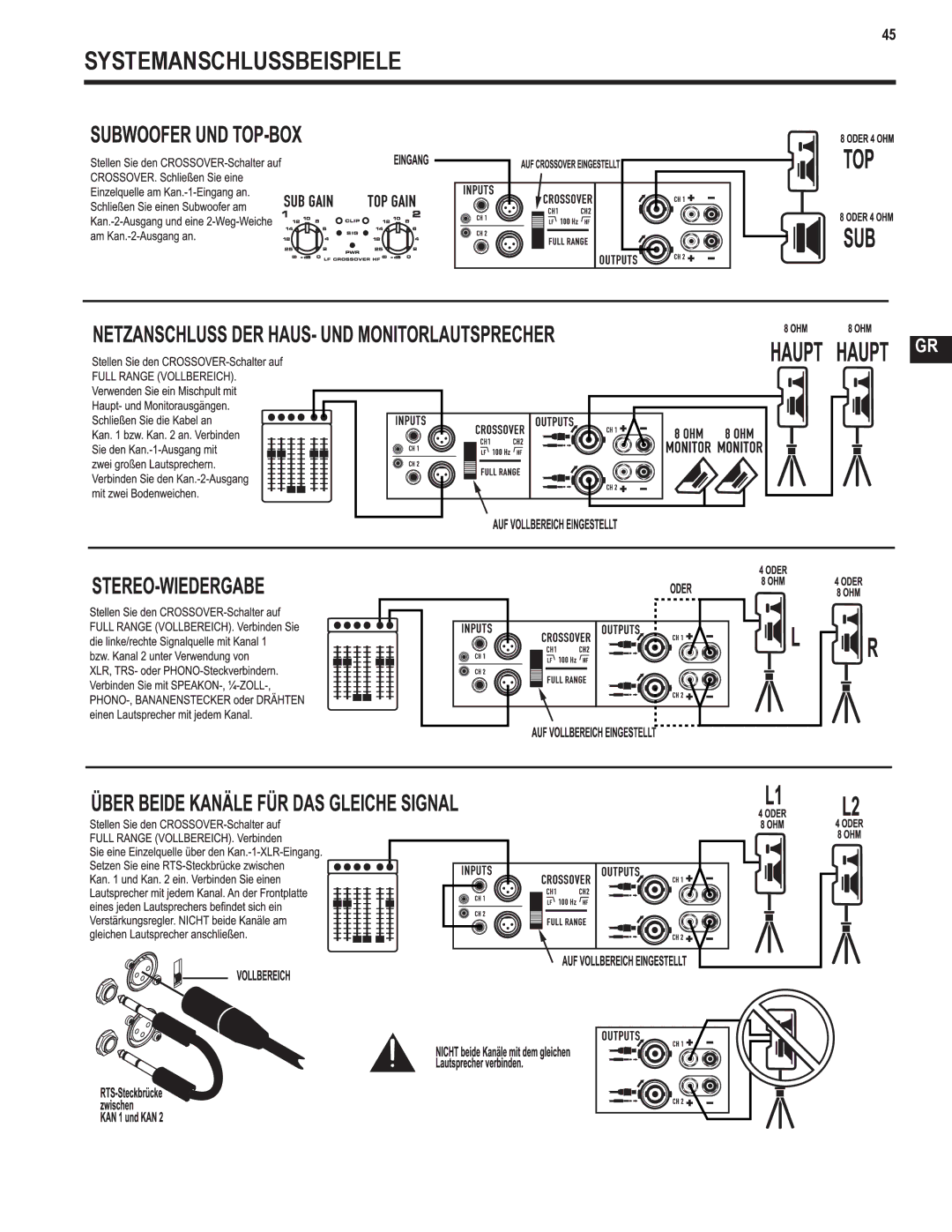 QSC Audio GX3 300, GX5 500 user manual Systemanschlussbeispiele 