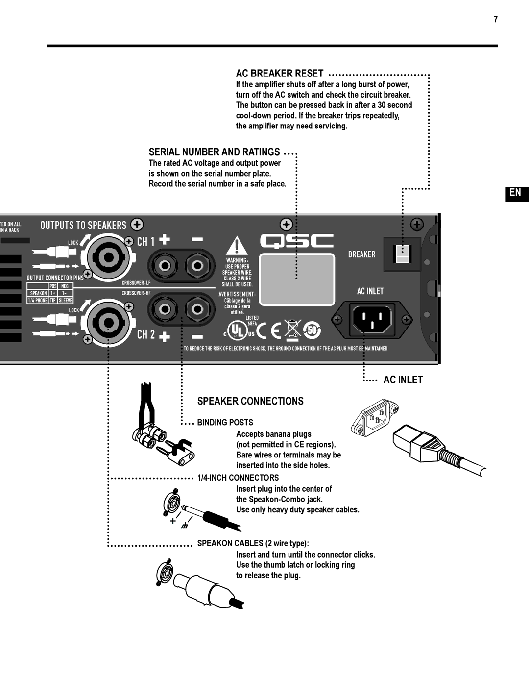 QSC Audio GX3 300, GX5 500 user manual AC Breaker Reset, AC Inlet Speaker Connections, Binding Posts, Inch Connectors 