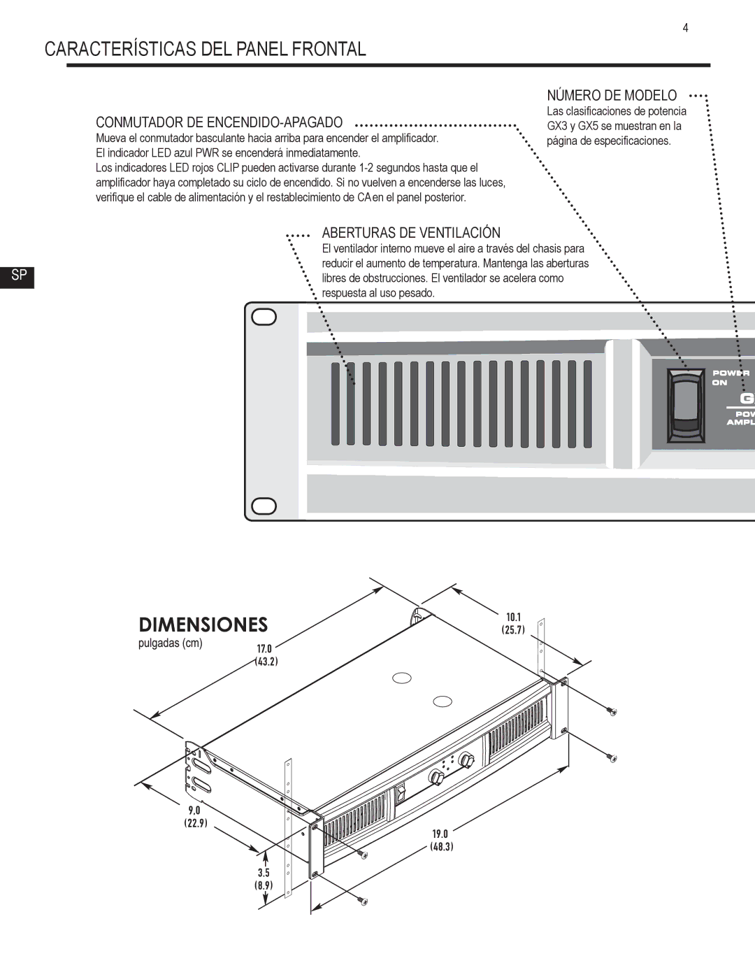 QSC Audio GX7, GX5, GX3 user manual Características DEL Panel Frontal, Conmutador DE ENCENDIDO-APAGADO, Número DE Modelo 