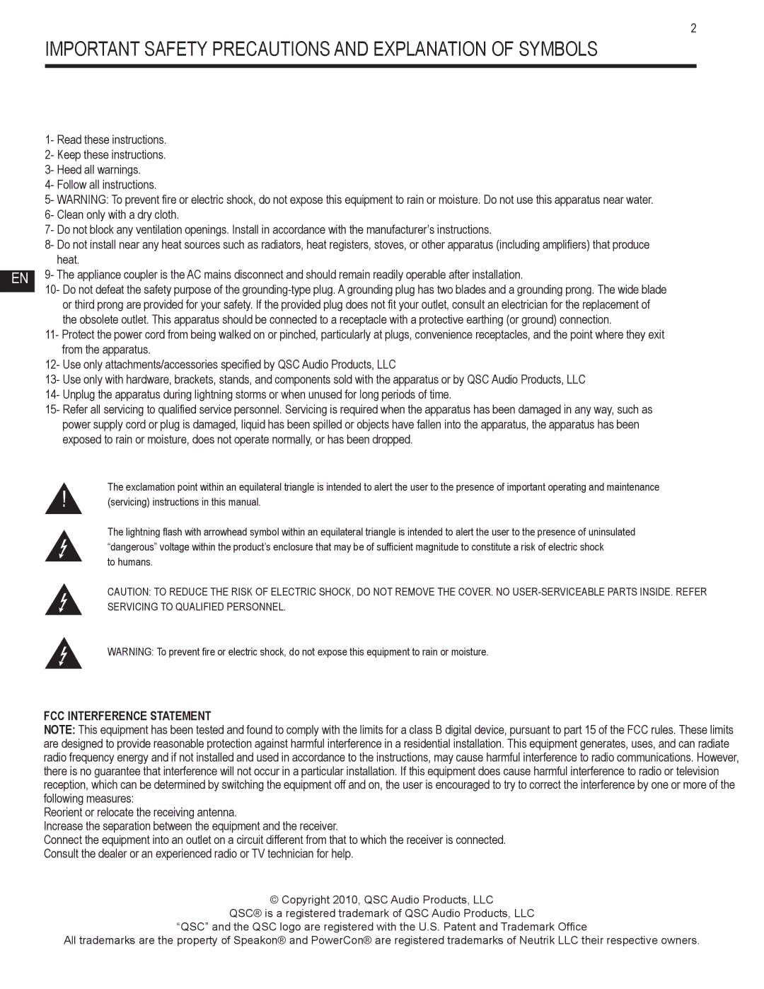 QSC Audio GX3, GX5, GX7 user manual Important Safety Precautions and Explanation of Symbols, FCC Interference Statement 