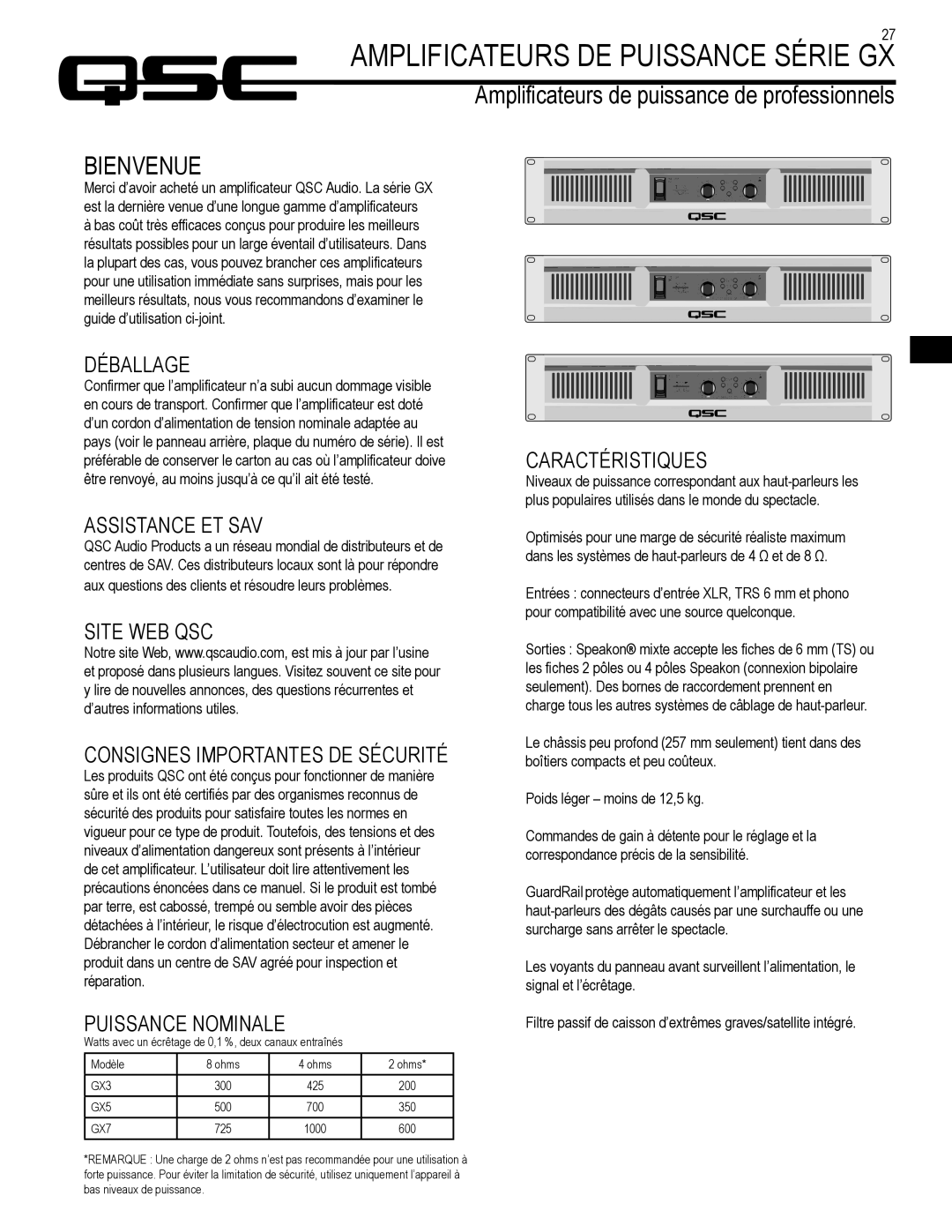 QSC Audio GX5, GX7, GX3 user manual Amplificateurs DE Puissance Série GX, Bienvenue 