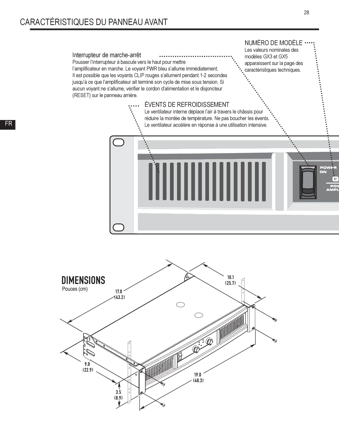 QSC Audio GX7, GX5, GX3 user manual Caractéristiques DU Panneau Avant, Numéro DE Modèle, Évents DE Refroidissement 