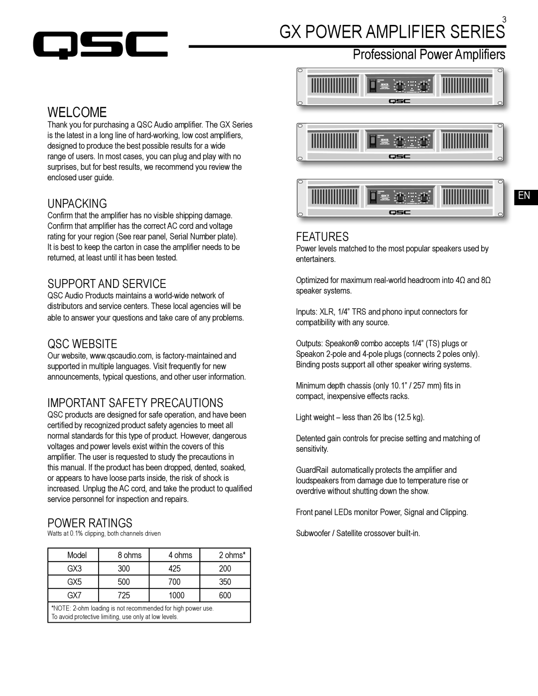 QSC Audio GX5 user manual Welcome, GX3, GX7 