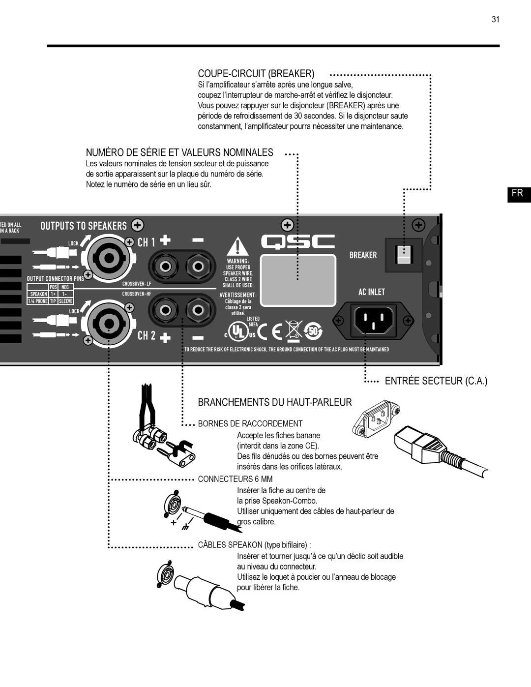 QSC Audio GX7 COUPE-CIRCUIT Breaker, Numéro DE Série ET Valeurs Nominales, Entrée Secteur C.A Branchements DU HAUT-PARLEUR 