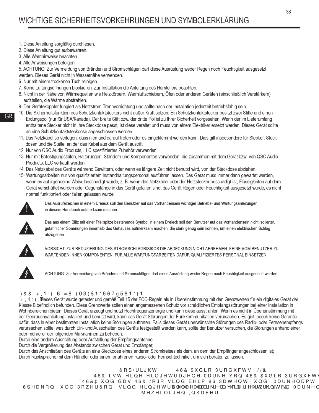 QSC Audio GX3, GX5, GX7 user manual Wichtige Sicherheitsvorkehrungen UND Symbolerklärung, FCC-HINWEIS ZU Empfangsstörungen 