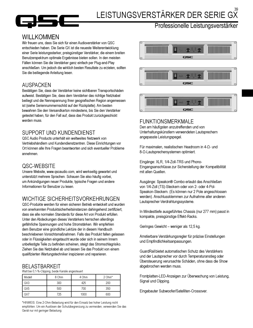 QSC Audio GX5, GX7, GX3 user manual Leistungsverstärker DER Serie GX, Willkommen 