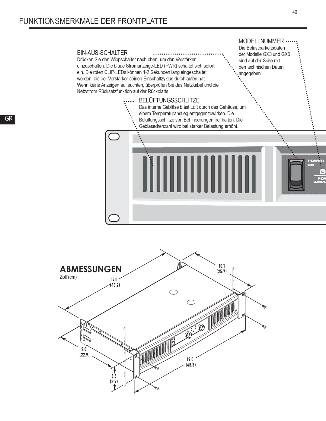 QSC Audio GX7, GX5, GX3 user manual Funktionsmerkmale DER Frontplatte, Ein-Aus-Schalter, Modellnummer, Belüftungsschlitze 