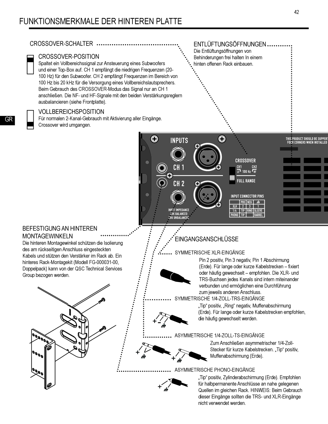 QSC Audio GX5, GX7, GX3 user manual Funktionsmerkmale DER Hinteren Platte 