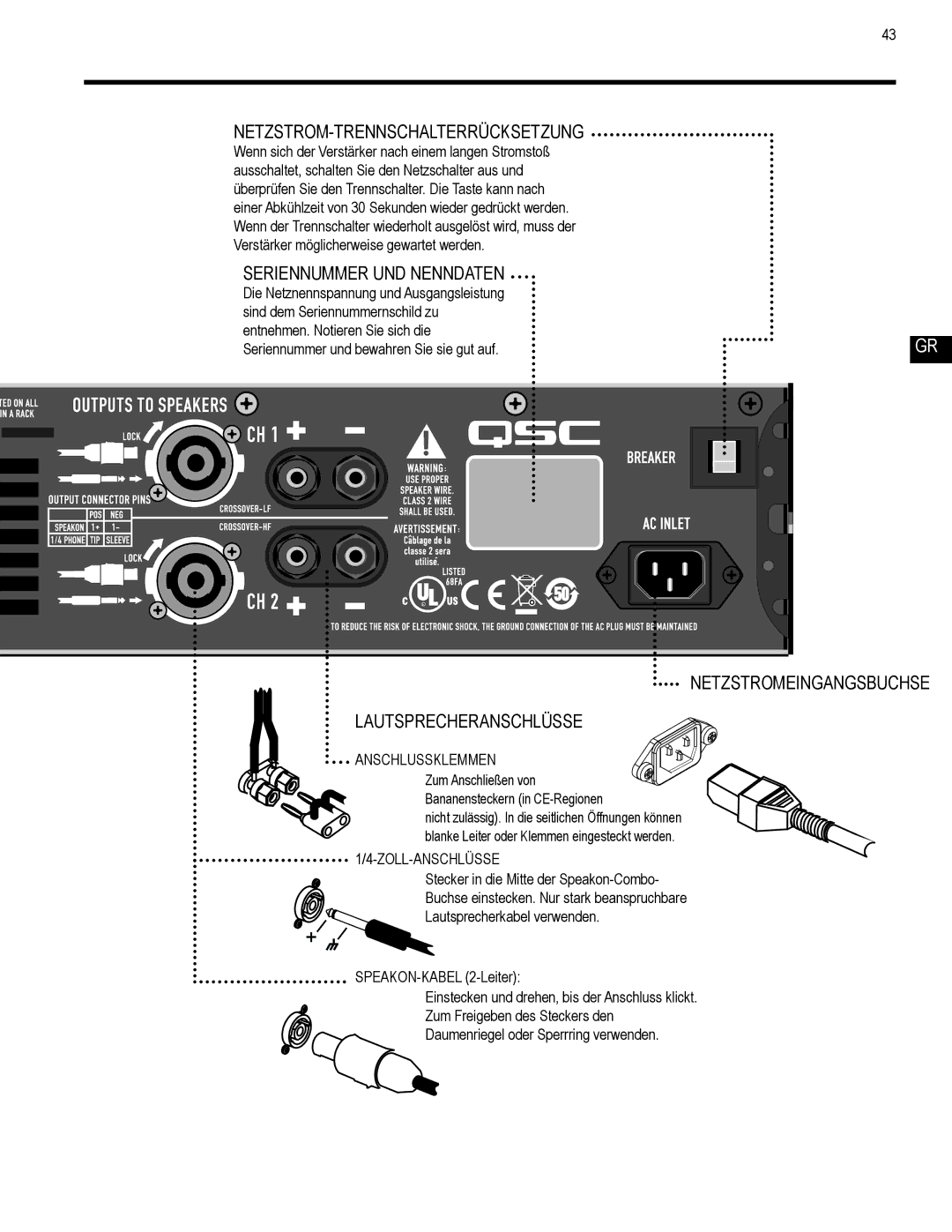 QSC Audio GX7, GX5, GX3 user manual Netzstrom-Trennschalterrücksetzung, Seriennummer UND Nenndaten, Netzstromeingangsbuchse 