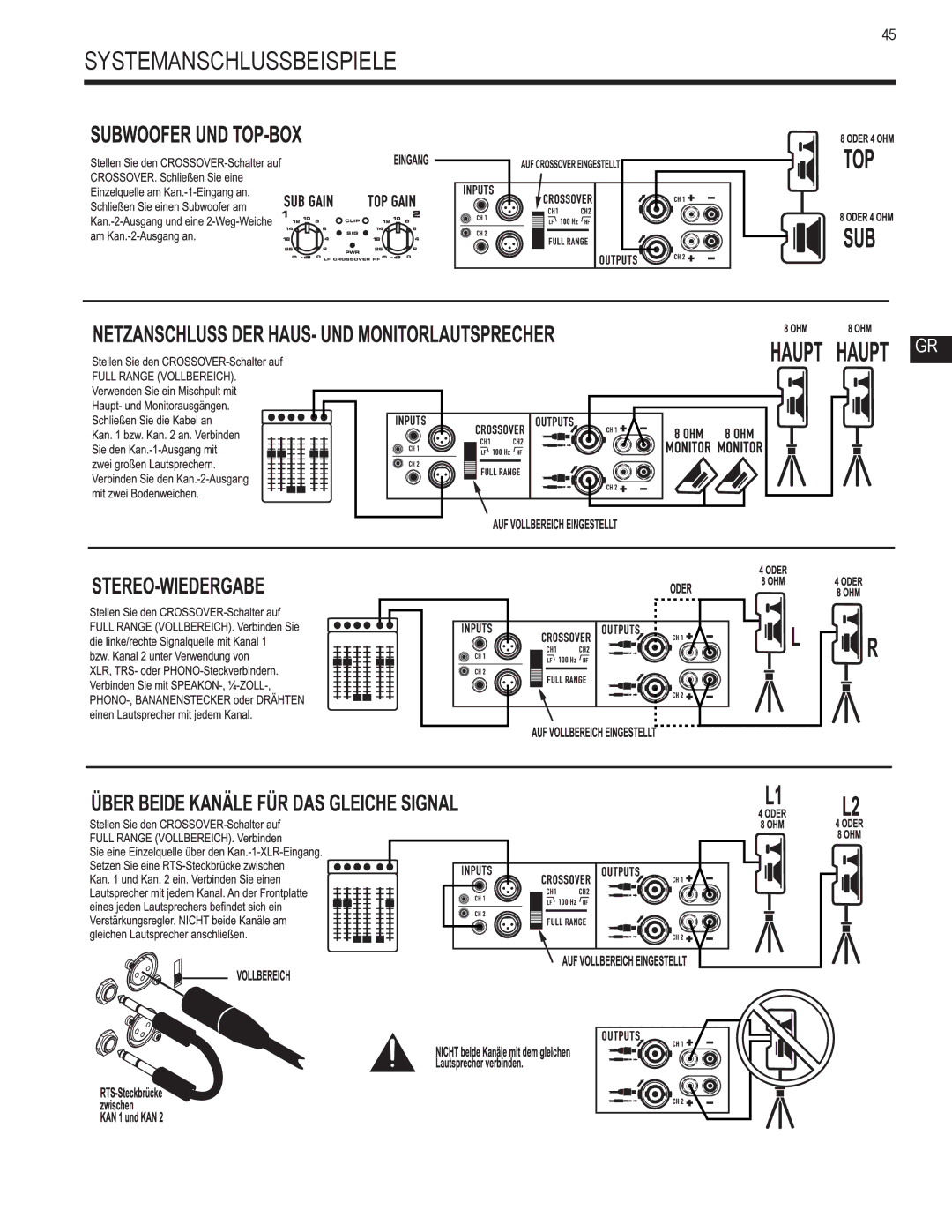 QSC Audio GX5, GX7, GX3 user manual Systemanschlussbeispiele 