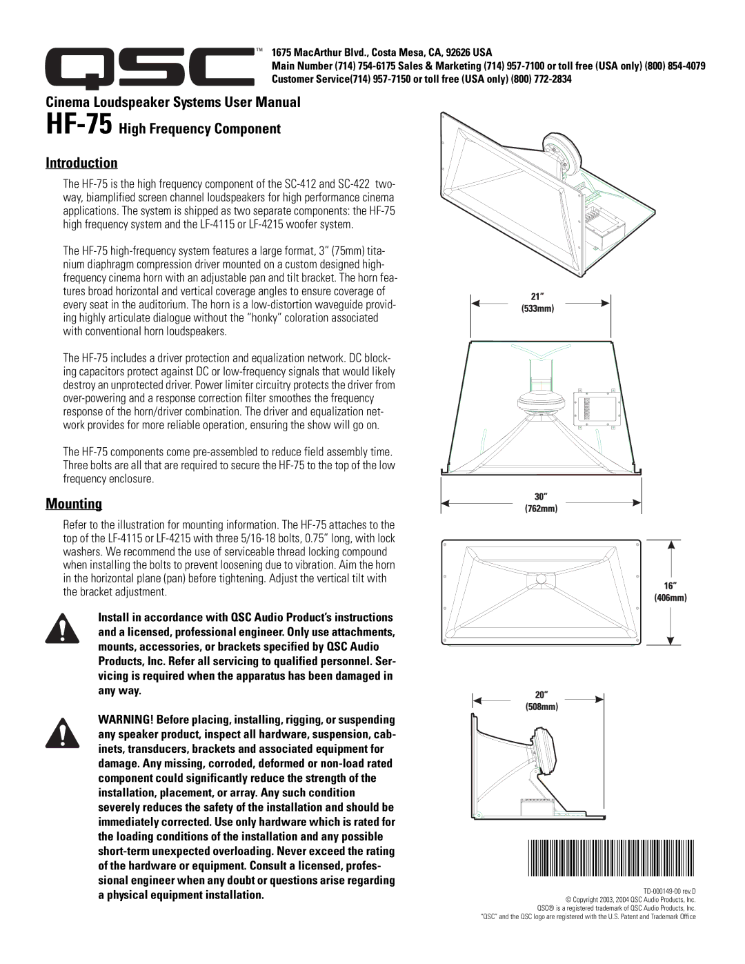 QSC Audio user manual HF-75High Frequency Component Introduction, Mounting 