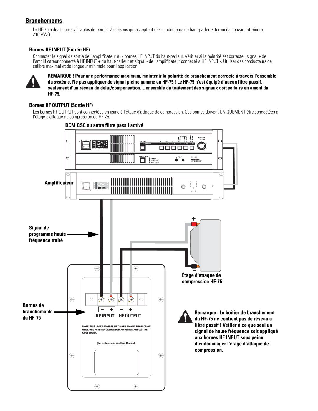 QSC Audio HF-75 user manual Branchements, Bornes HF Input Entrée HF, DCM QSC ou autre filtre passif activé 