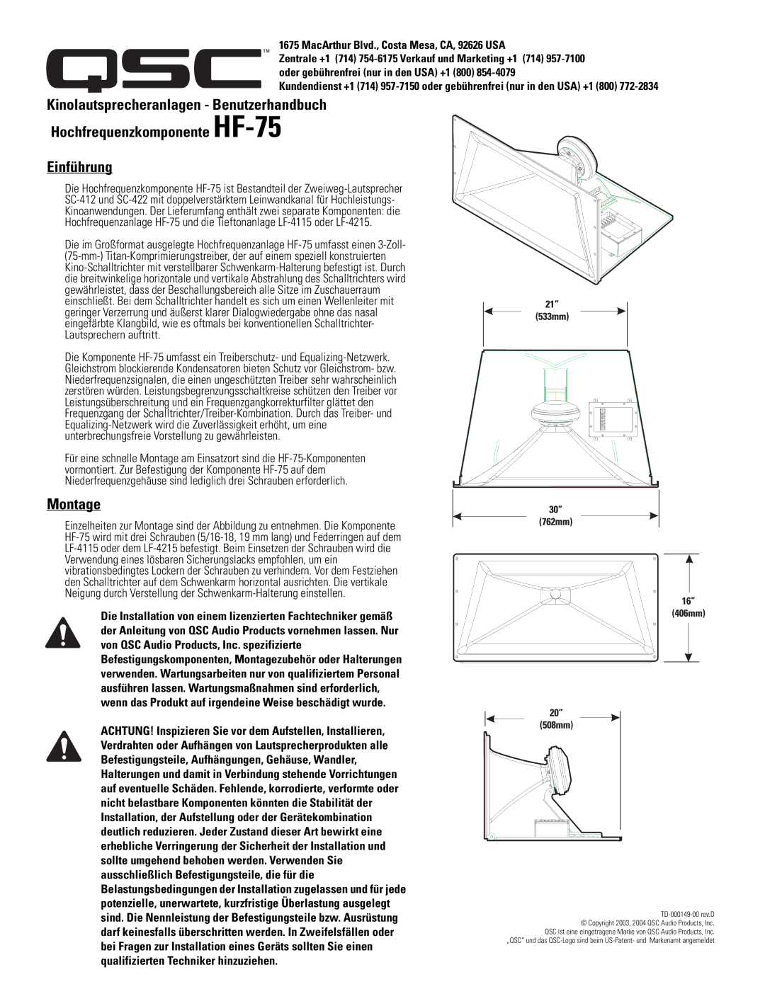 QSC Audio HF-75 user manual Einführung, Montage 