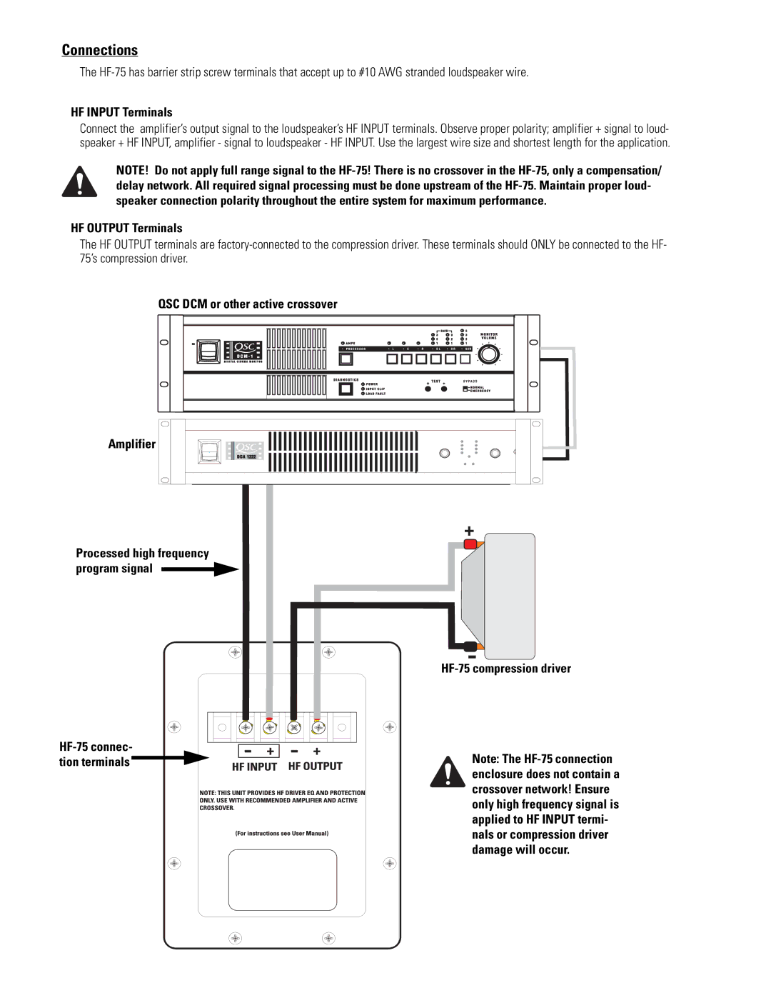 QSC Audio HF-75 user manual Connections, HF Input Terminals, HF Output Terminals, QSC DCM or other active crossover 