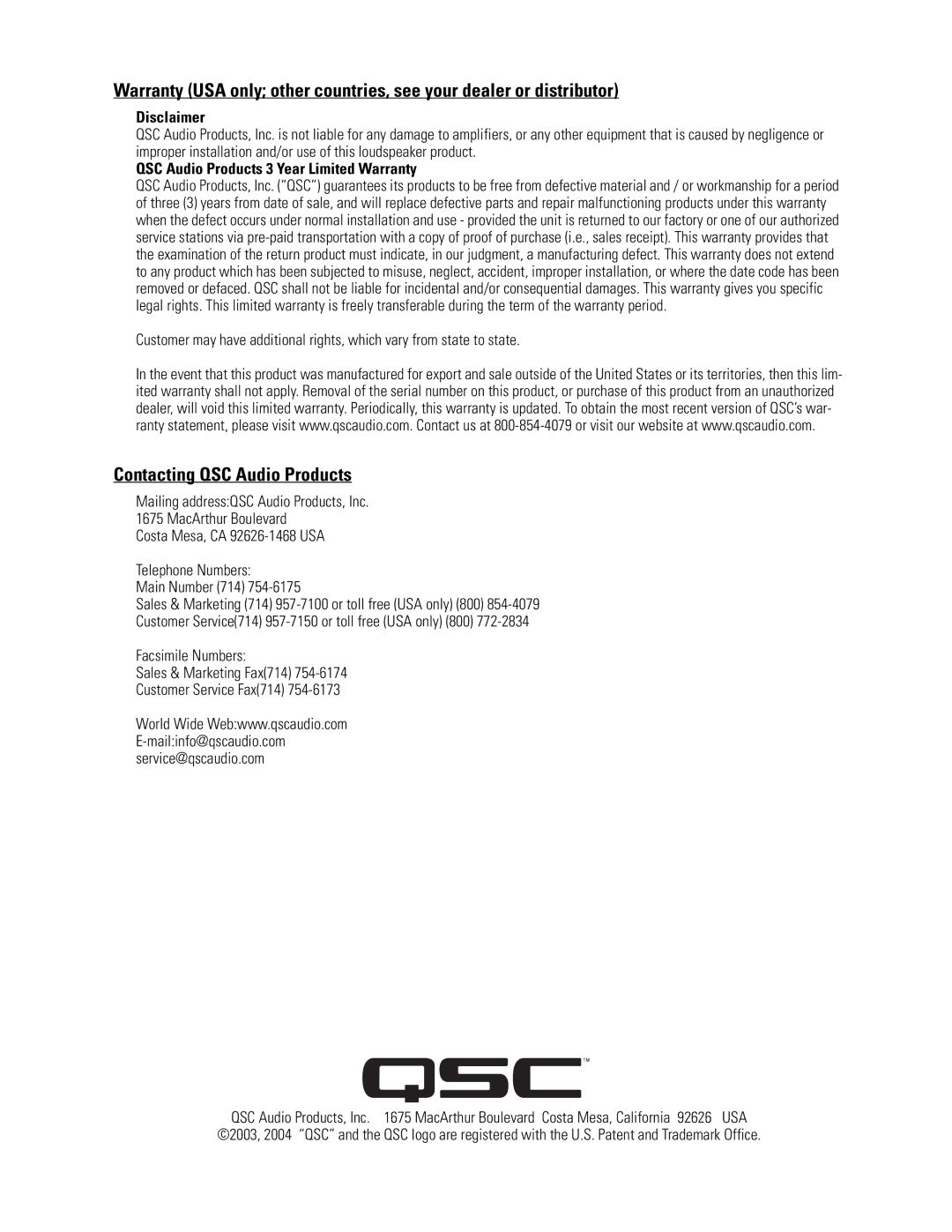 QSC Audio HF-75 user manual Contacting QSC Audio Products, Disclaimer, QSC Audio Products 3 Year Limited Warranty 