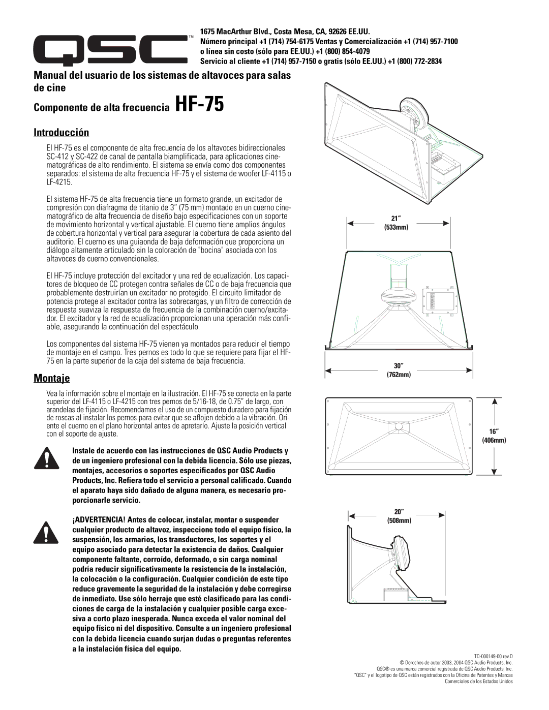 QSC Audio HF-75 user manual Montaje 