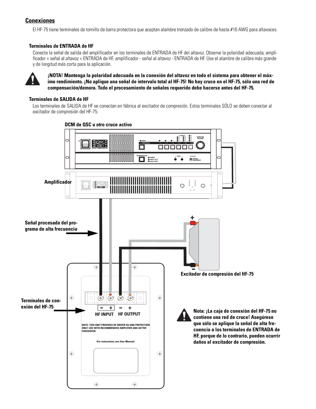 QSC Audio HF-75 Conexiones, Terminales de Entrada de HF, Terminales de Salida de HF, DCM de QSC u otro cruce activo 