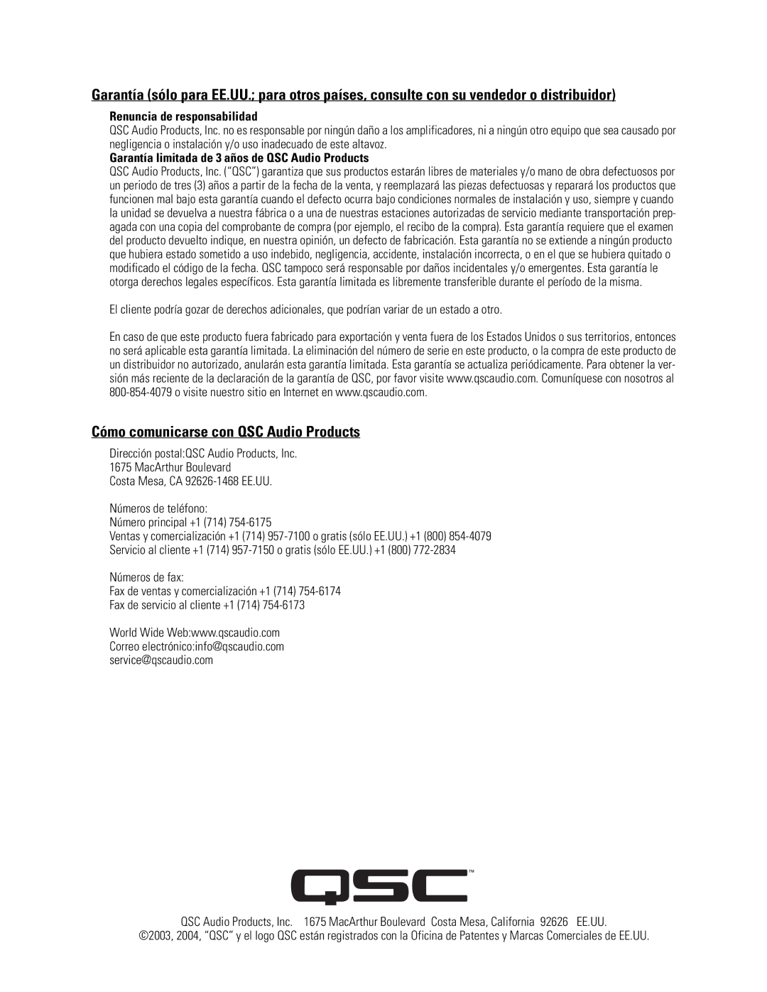 QSC Audio HF-75 user manual Cómo comunicarse con QSC Audio Products, Renuncia de responsabilidad 