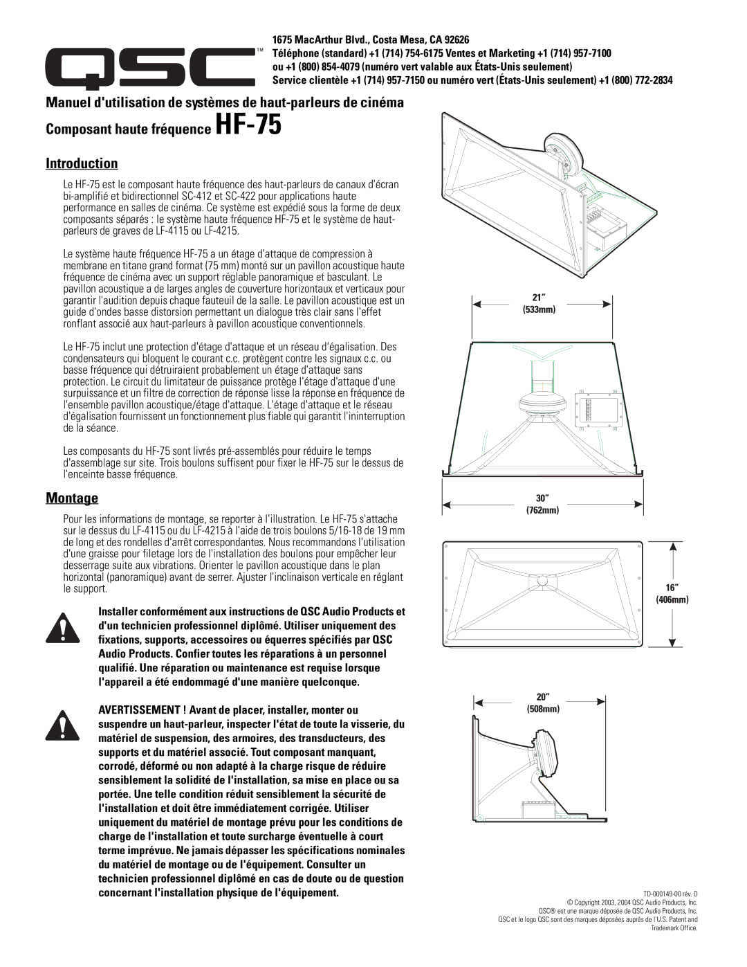 QSC Audio HF-75 user manual Montage, MacArthur Blvd., Costa Mesa, CA 